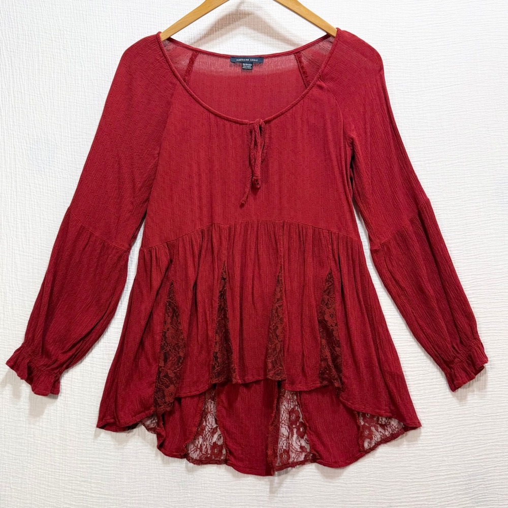 American Eagle Lace Panel Peplum Blouse Womens XS Red Boho High Low Cottagecore